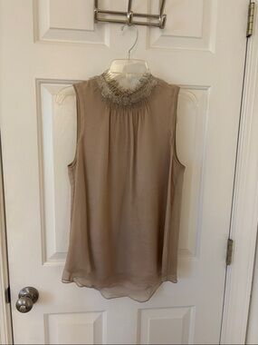 Theory Taupe Sleeveless Chiffon Camisole with Embellished Neck Silk